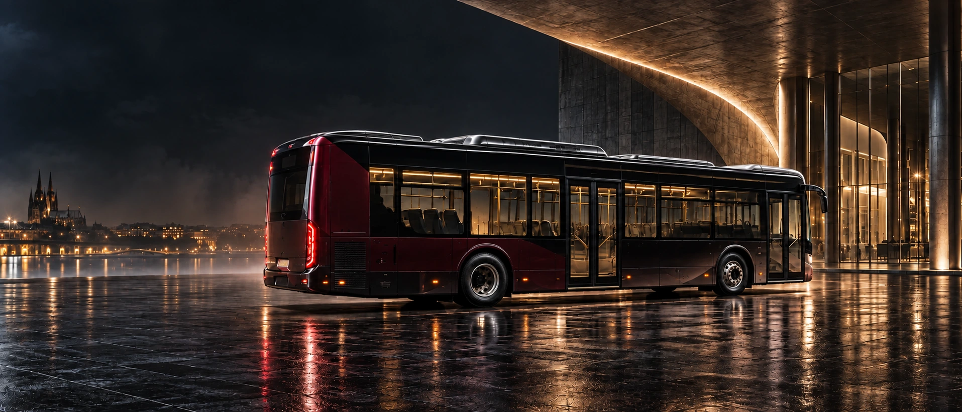 Konzeptvisualisierung: vollständig sichtbarer schwarz-burgunderroter Stadtbus in einem nächtlichen Architekturpavillon